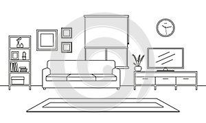 Living room interior outline sketch. Line style furniture: sofa, bookshelf, TV shelf, flowerpot, pictures on the wall, carpet.